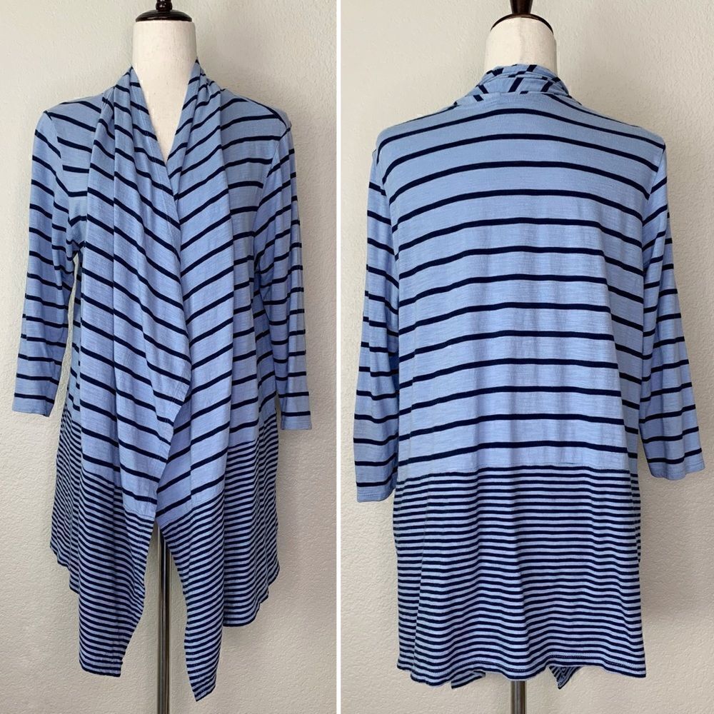 Talbots Women’s Size 2Xp Blue Striped Draped Open Front Cardigan